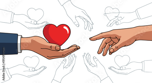 Generous hand offers vibrant red heart to open palm surrounded by reaching hands