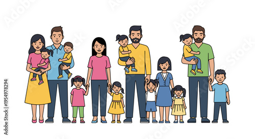 Diverse cartoon families with children posing together representing unity and love