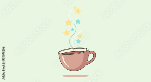 A whimsical illustration of a pink coffee cup with colorful stars rising from it.