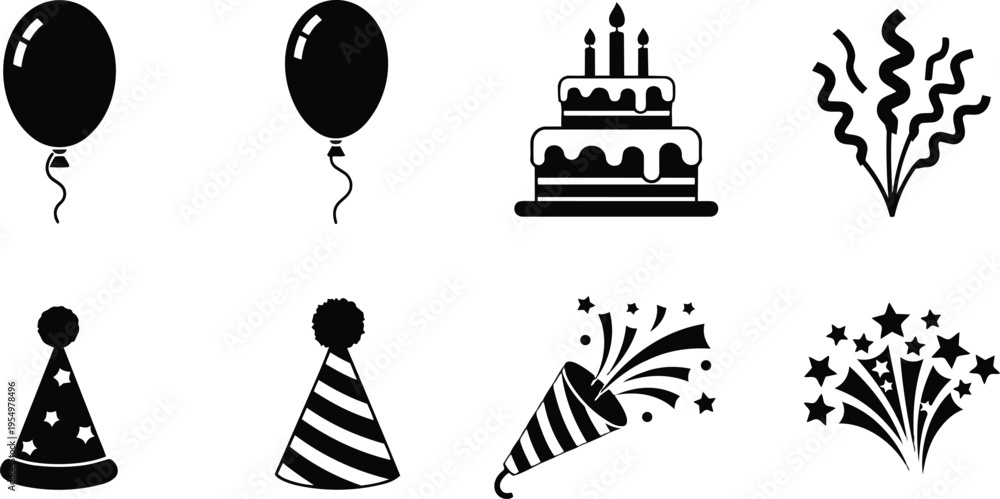 Fototapeta premium Flat design overhead view party icons balloons cake confetti party hats and crackers for a coloring book simple bold outlines for kids black white printable pages