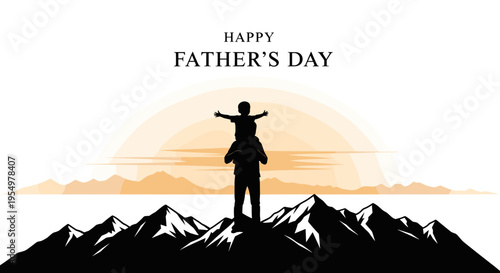Father carrying child on shoulders silhouette against sunset over mountains