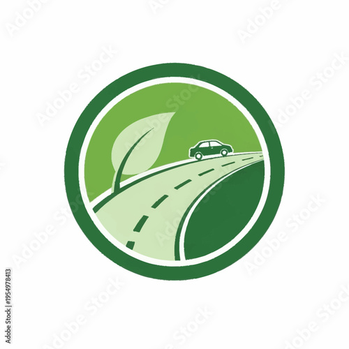 Eco-friendly car driving on a green road with leaf symbol.