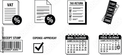 Minimalist vector icons close up tax documents and receipts stack showing vat tax percent badge and calendar for coloring book black and white line art set