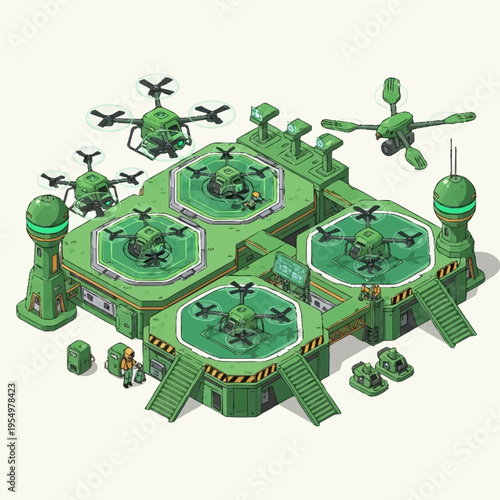 Futuristic Military Drone Base With Helicopters And Towers.