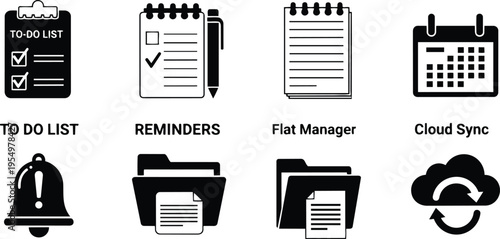 Flat design black icons for coloring book showing checklist notebook calendar bell folders cloud sync with pen and spiral binding close up vector line art simple
