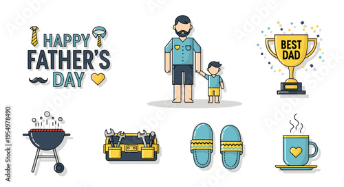 Happy father's day celebration elements dad son trophy grill tools slippers coffee