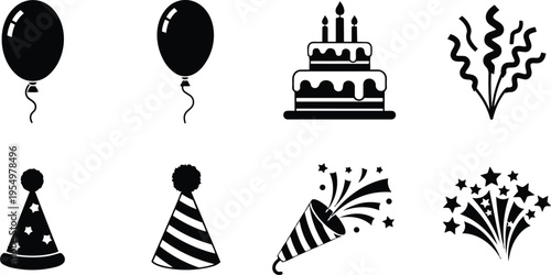 Flat design overhead view party icons balloons cake confetti party hats and crackers for a coloring book simple bold outlines for kids black white printable pages
