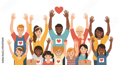 Diverse group of happy people and children raising hands with hearts and boxes