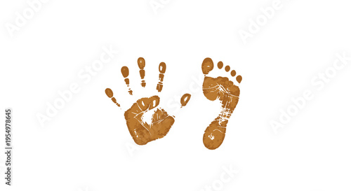 Brown muddy handprint and footprint impressions on a clean white background