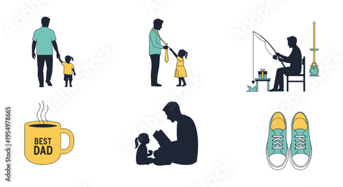 Father and child silhouettes celebrating family bonds through activities and gifts