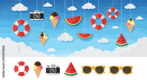 Summer vacation vibes ice cream watermelon cameras and lifebuoys hanging in sky