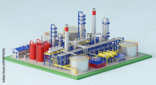 A detailed 3D rendering of a modern industrial chemical plant or oil refinery with various interconnected towers, tanks, and piping systems.