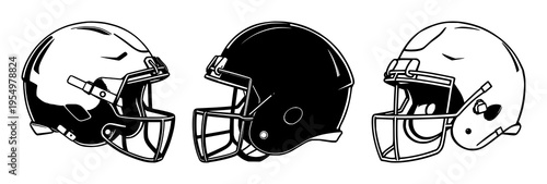 American football helmet set with minimalist black and white line art illustration featuring football, helmet, sport with outline and flat decal