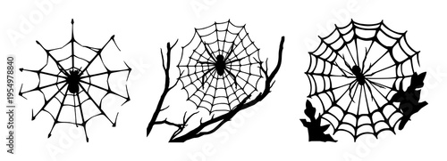 Solid black silhouette of a spider web in a corner, spooky nature theme, clean outlines, white background. set with simple line art design featuring outline, illustration, graphic elements with cle...