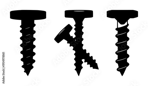 Minimalist vector icon of a single wood screw, centered vertically against a solid white background. The subject is a sharp black silhouette featuring a flat head and distinct spiral threading. The...