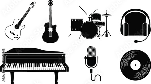 Vector art black and white musical instrument set front view piano guitar drums microphone headphones vinyl record for coloring book simple outline bold lines clean page