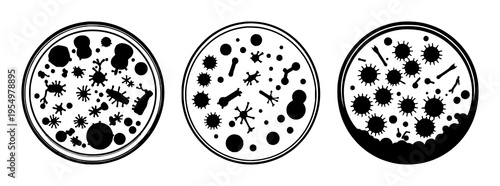 Petri dish set with solid black silhouette and clean circular edges featuring bacteria cultures, microbiology icon, vector graphic with white background and simple design