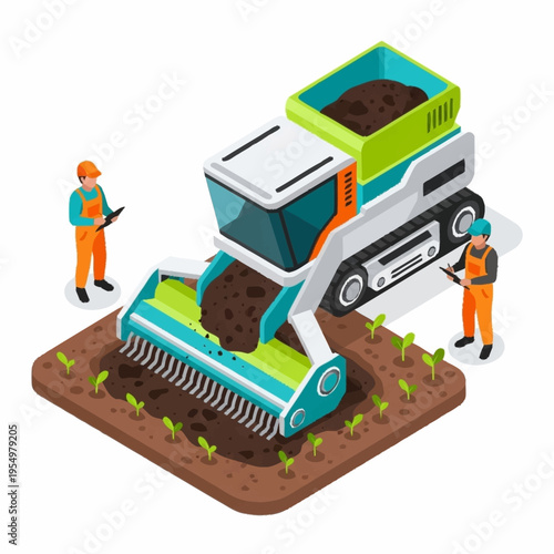 Modern agricultural machinery cultivating crops with precision.