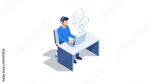 Isometric Customer Service Representative Working at Desk with Headset and Laptop, Digital Support Technology, Call Center Agent with Data Network Visualization, Modern Business Communication