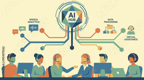 AI-Powered Contact Center Team with Virtual Assistance Speech Analytics and Data Processing Hub for Customer Service Technology