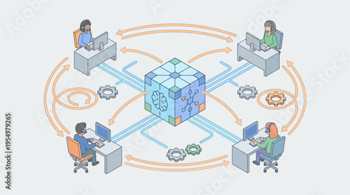 Isometric Contact Center with AI Brain Technology Customer Service Team Working Remote Support Network