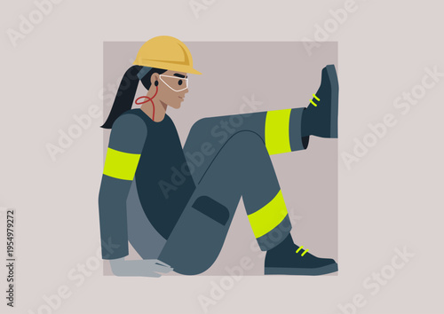Character in a contrast color uniform engages in working process, highlighting the importance of safety gear while navigating challenging environments such as confined spaces