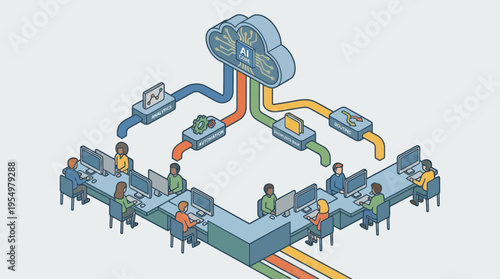 Isometric AI-Powered Contact Center with Diverse Agents Working at Computers, Cloud Technology Customer Service Illustration