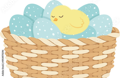 Cute yellow chick sleeping peacefully nestled on top of blue spotted eggs inside woven basket in flat design style with soft pastel colors and gentle mood illustration