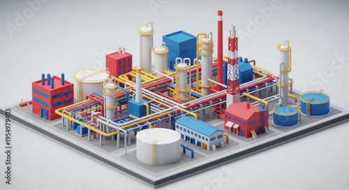A detailed isometric 3D rendering of a modern industrial chemical plant or refinery with colorful buildings, tanks, and intricate piping systems.