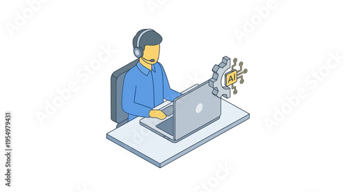 Isometric Customer Service Agent with AI Chatbot Assistant, Contact Center Support, Remote Call Center Operator Using Laptop, Technical Helpdesk Illustration