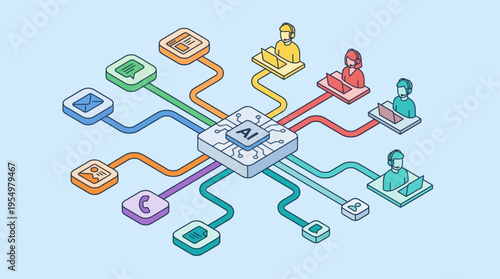 AI-Powered Contact Center Isometric Illustration with Omnichannel Communication, Customer Support Agents, and Digital Technology Network