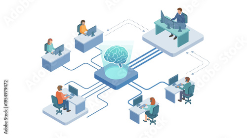 Isometric Contact Center with AI Brain Technology Customer Service Team Working at Desks Connected to Neural Network