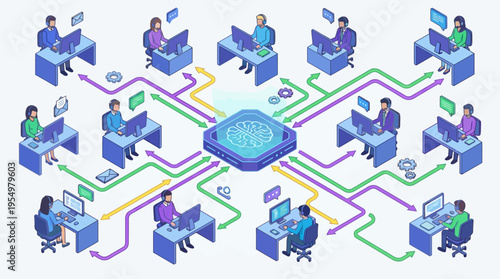 Isometric Contact Center with AI Brain Technology - Customer Service Team Connected to Artificial Intelligence Network, Modern Support Office Illustration