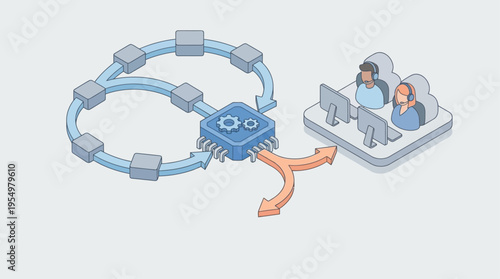 Isometric Contact Center with AI Automation Circuit, Customer Service Agents and Data Processing Technology Workflow