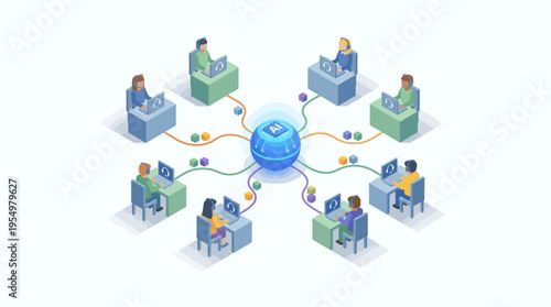 Isometric Contact Center with AI Technology - Diverse Customer Service Team Working at Connected Workstations Around Central Artificial Intelligence Hub