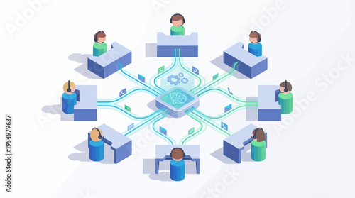 Isometric Contact Center with AI Neural Network Customer Service Agents Connected to Central Hub for Tech Support and Call Center Operations