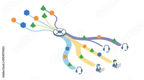 Isometric Contact Center Network with Customer Service Agents and Omnichannel Communication Flow, Modern Tech Support Illustration