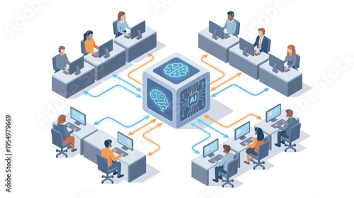 Isometric AI Contact Center with Diverse Customer Service Team Working at Computers Connected to Artificial Intelligence Neural Network Hub, Modern Tech Support Office Illustration