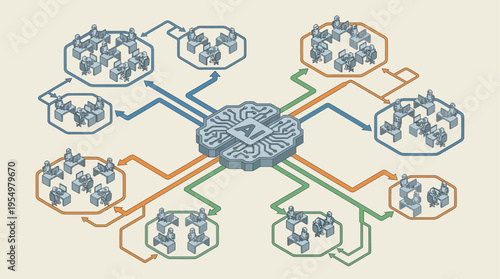 Isometric Contact Center Network with AI Technology Hub and Connected Customer Service Teams, Remote Workforce Communication Infrastructure