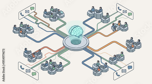 Isometric Contact Center with AI Brain Hub - Customer Service Operations, Technical Support Network, and Communication Technology Infrastructure