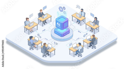 Isometric AI Contact Center with Customer Service Agents Working at Computers, 3D Vector Illustration of Tech Support Team, Artificial Intelligence Customer Care Platform