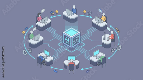 Isometric AI-Powered Contact Center with Diverse Customer Service Team Working at Connected Workstations, Digital Communication Network, Modern Tech Support Illustration