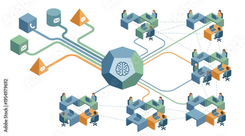 Isometric Contact Center with AI Brain Technology, Customer Service Team Working at Desks Connected to Neural Network, Business Communication Hub