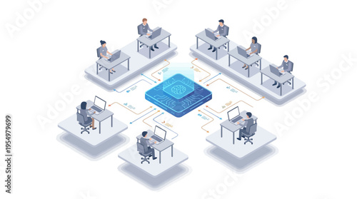 Isometric Contact Center with AI Technology Integration, Remote Customer Service Team Working at Connected Workstations, Digital Call Center Operations