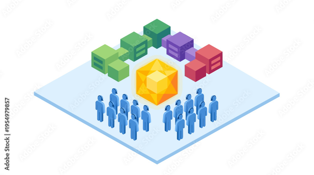 Fototapeta premium Isometric Contact Center Team with Central Data Hub and Connected Service Modules, Customer Support Technology Platform, 3D Business Communication Network