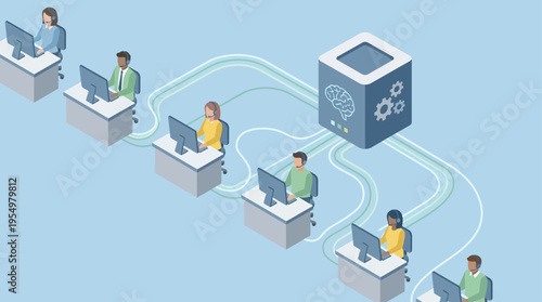 Isometric Contact Center with AI Brain Technology - Customer Service Team Connected to Artificial Intelligence System for Automated Support Solutions