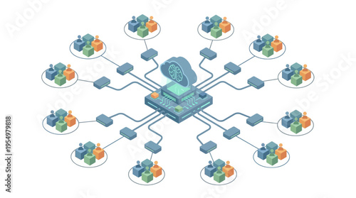 Isometric Contact Center Network with AI Cloud Computing - Customer Service Team Connected to Central Intelligence Platform for Remote Support Operations