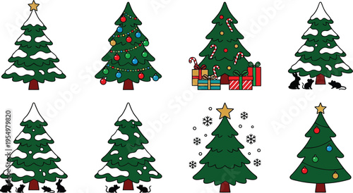 Set of eight colorful christmas trees with snow stars candy canes gifts and playful rabbits in festive holiday style vector illustration collection