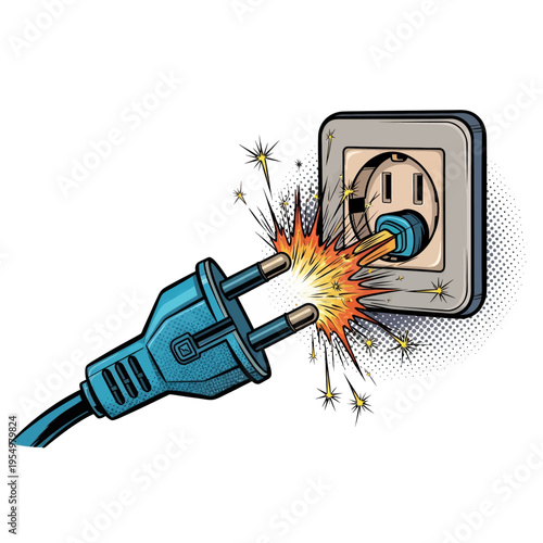 Electric Shock Hazard Illustration - Plug Sparks and Electrical Outlet Danger Comic Pop Art Style Graphic Design Vector Image