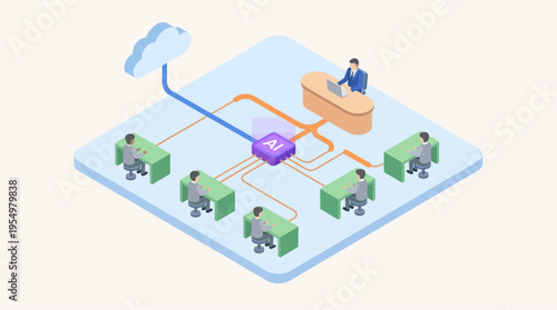 Isometric Contact Center with AI Integration Cloud Computing Customer Service Operations Manager Supervising Support Team Network Communication